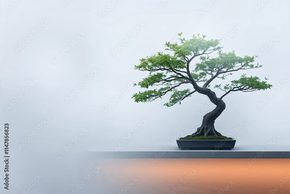 Bonsai tree on minimalist table with soft lighting Bonsai tree on minimalist table with soft lighting
