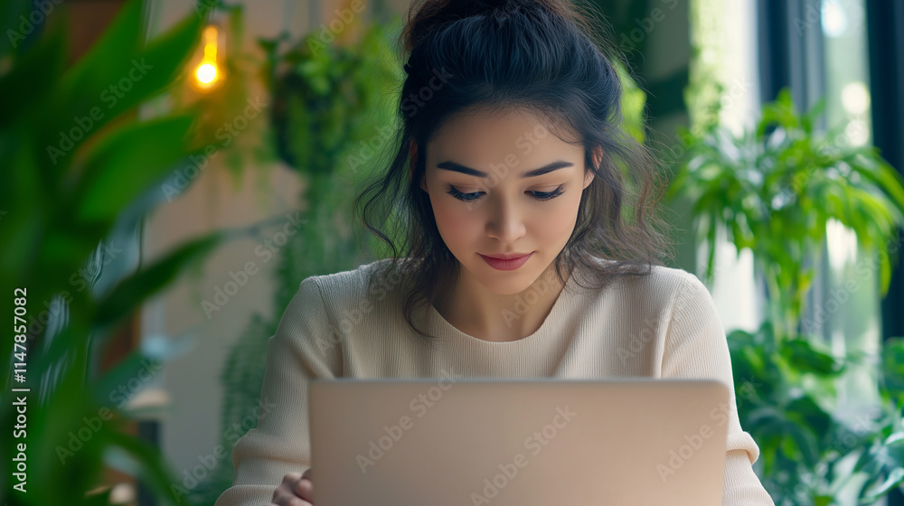 Woman reviewing data charts on her laptop, bright office environment with greenery, close up Woman reviewing data charts on her laptop, bright office environment with greenery, close up