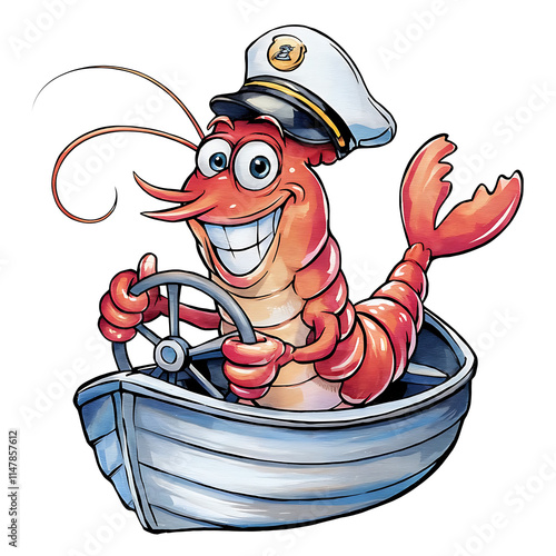 A watercolor vector of a cartoon shrimp with a wide smile, wearing a captain's hat and holding a steering wheel. The shrimp is sitting in a small boat. The background is white.
