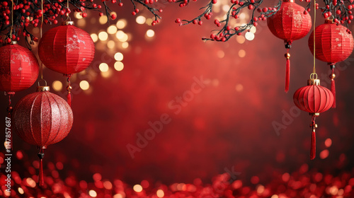 Festive New Year Celebration in China Vibrant Street Scene Red Decorations Cultural Environment Joyful Atmosphere photo