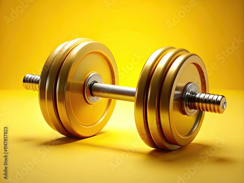 A vibrant yellow backdrop showcases a 3D-rendered dumbbell, perfect for gym equipment, workout, and sport accessory advertising.