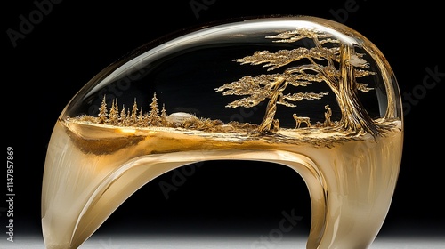 Abstract gold sculpture with an embedded forest scene.