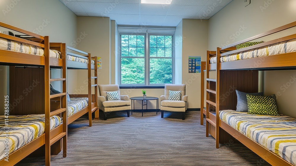 Fototapeta premium Dormitory Room with Neatly Arranged Bunk Beds and Carpeted Flooring