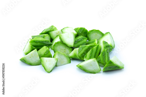 Group of cut Fresh Bitter melon (Momordica charantia L, Bitter cucumber)  isolated on white background close up stack photo