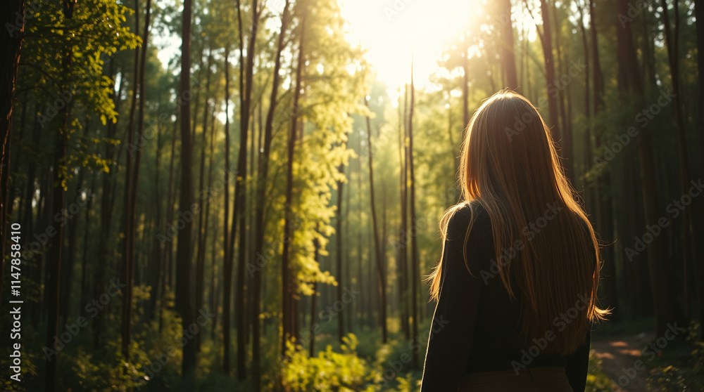 Individual Meditating in a Serene Sunlit Forest, Symbolizing the Calming and Rejuvenating Effects of Forest Bathing and Ecotherapy Individual Meditating in a Serene Sunlit Forest, Symbolizing the Calming and Rejuvenating Effects of Forest Bathing and Ecotherapy