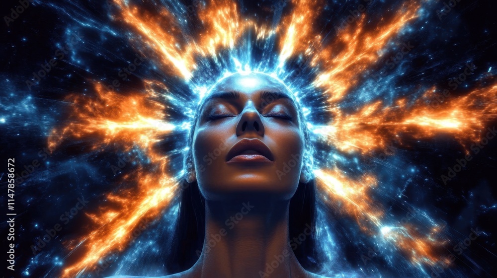 Serene portrait of a meditative woman enveloped in spiritual symbols. Serene portrait of a meditative woman enveloped in spiritual symbols.
