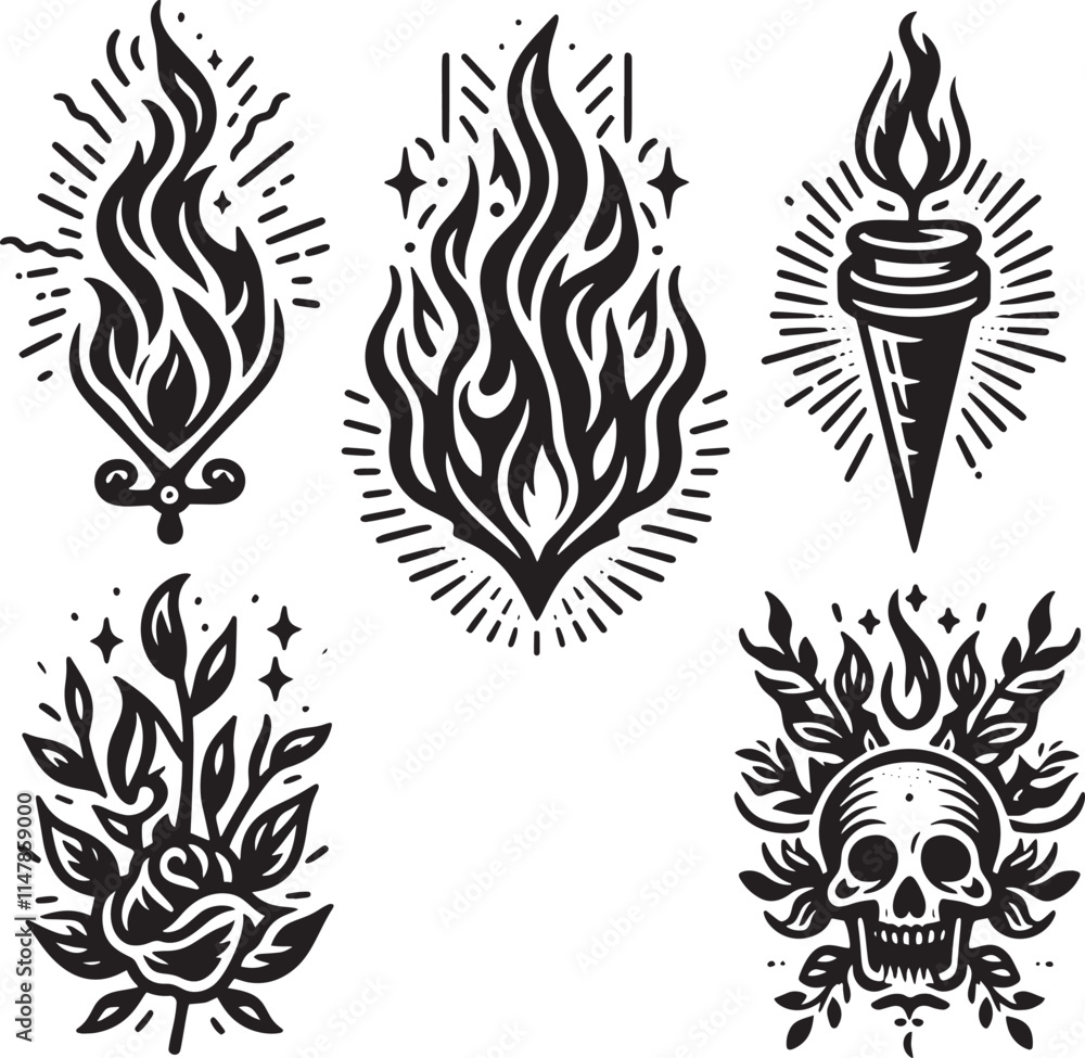 Black and white flame, skull, and floral designs. Black and white flame, skull, and floral designs.
