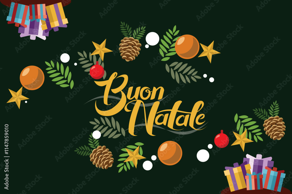 Translation: Merry Christmas. Buon Natale vector text Calligraphic Lettering design card template. Suitable for greeting card, poster and banner. Translation: Merry Christmas. Buon Natale vector text Calligraphic Lettering design card template. Suitable for greeting card, poster and banner.