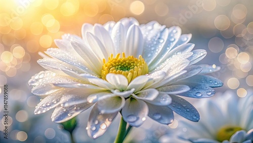 Close-up of a dewy white flower. Soft focus highlights its delicate, floral structure.