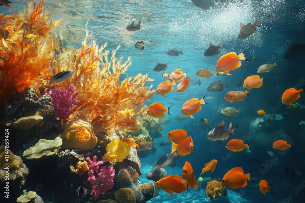 Fototapeta premium Vibrant coral reef teeming with colorful fish in a warm tropical ocean