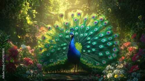 Majestic Peacock Displays Feathers in Lush Garden