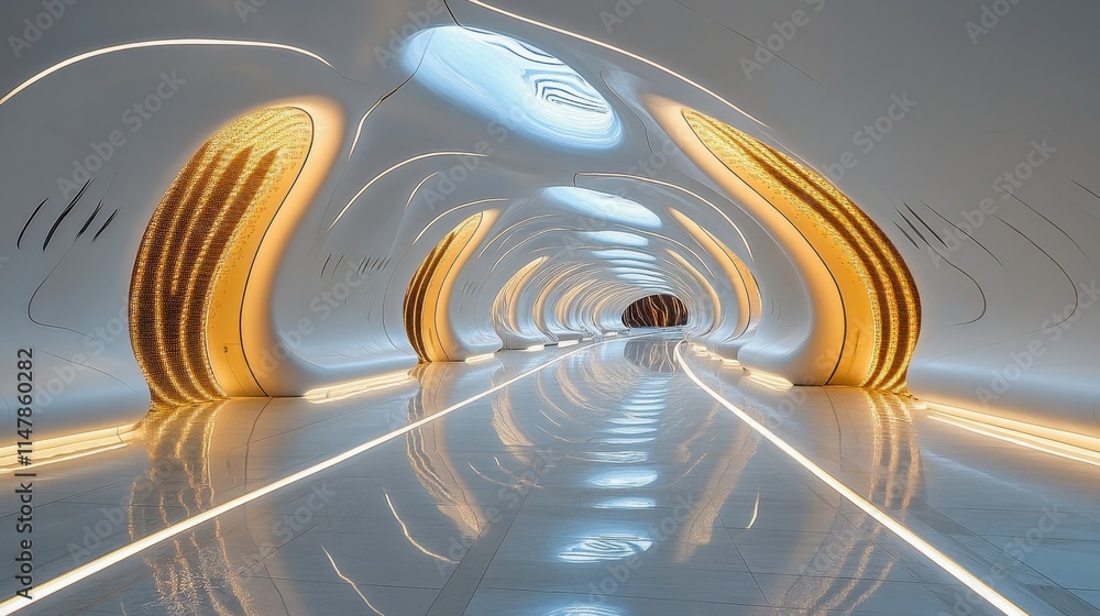 Fototapeta premium Futuristic Airport Terminal Interior with Reflective Transportation System