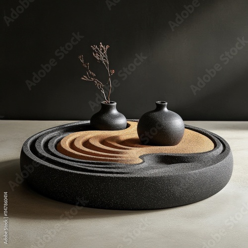 Sophisticated Zen sand garden with black textured basin, meticulously raked sand patterns, and minimalistic pottery arrangements, creating a serene decorative piece. AI generated. photo