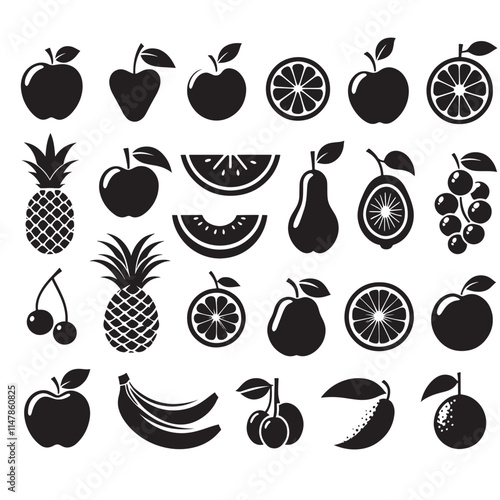 Black and white fruit icons.