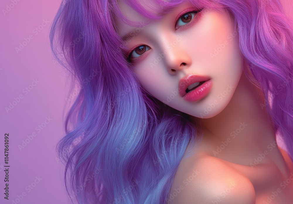 K-pop idol-style portrait of a female singer with long hair in shades of purple and blue K-pop idol-style portrait of a female singer with long hair in shades of purple and blue