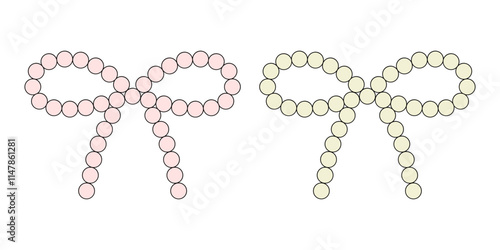 Coquette aesthetic, pearl necklace, jewelry doodle, hand drawing, elegant cute bow collection, flat vector illustration