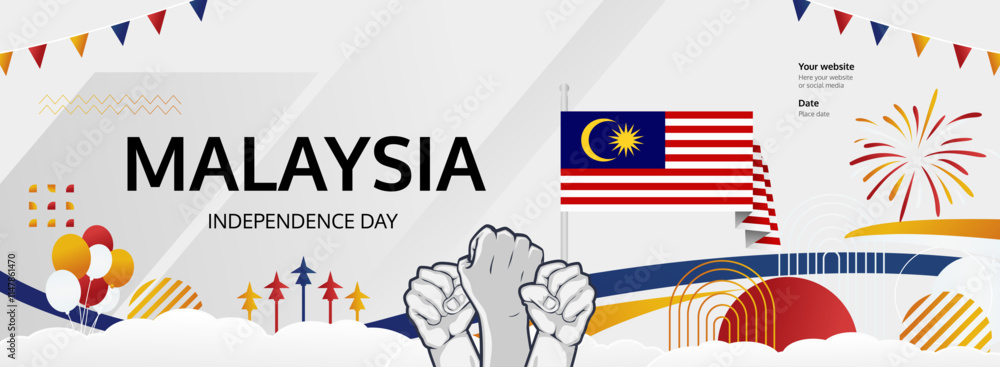 Obraz premium Malaysia National Day greeting banner concept. August 31st is celebrated as Malaysia Independence Day. Modern template backgrounds with flag and raised fist, great for national holiday poster.