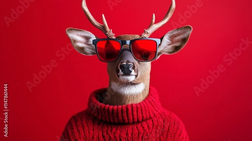 Stylish deer wearing red sunglasses and a cozy sweater against a bright red background, showcasing a fun and playful concept perfect for festive themes and wildlife illustrations photo