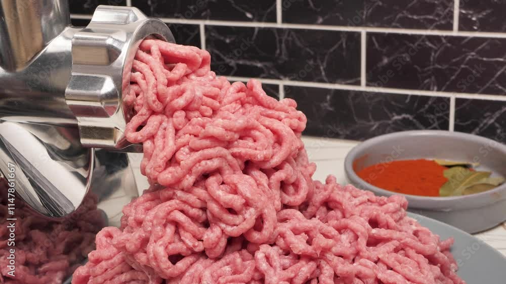 Red minced meat beautifully emerges from the meat grinder close-up. The process of grinding meat in the kitchen using a meat grinder. Cooking delicious dishes for your family. Red minced meat beautifully emerges from the meat grinder close-up. The process of grinding meat in the kitchen using a meat grinder. Cooking delicious dishes for your family.