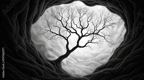 A black and white abstract representation of a tree, with intricate swirling branches that seem to reach out towards an unseen sky, creating a sense of movement and life within the static image. photo