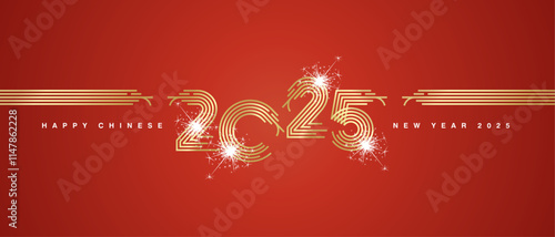 2025 Chinese New Year abstract golden multiply line design of 2025 year numbers in the shape of snake shining glitter sparkle firework red landscape background greeting card