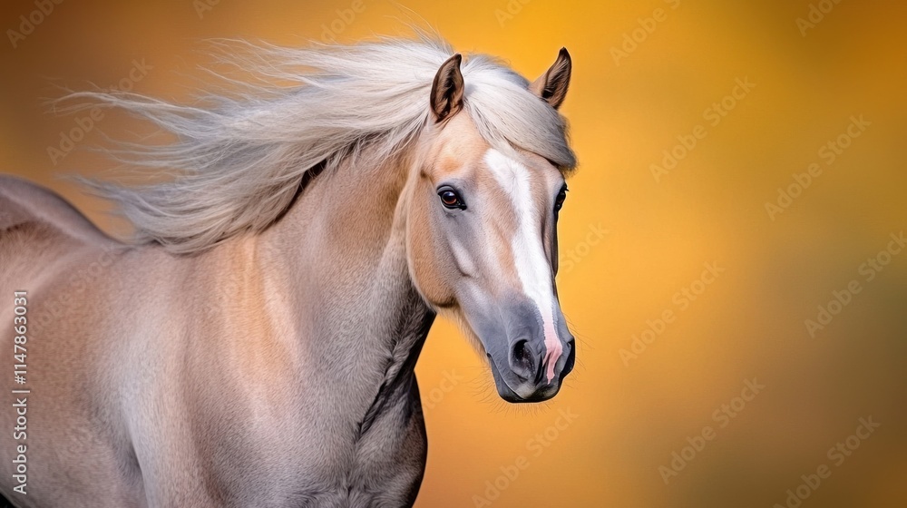 Fototapeta premium The stunning alpine wild horse possesses a striking coat of various shades of gray, brown, and white, blending perfectly with the rocky mountain terrain it calls home