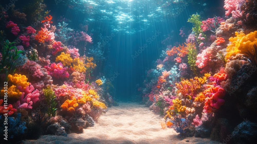 Fototapeta premium Vibrant coral reef, sunlit sandy path.