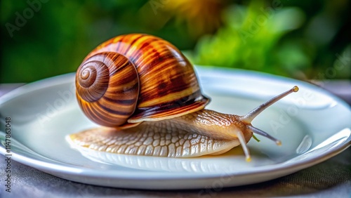 Giant African Snail Achatina fulica Aerial Drone Shot, Top View, Closeup, Shell, Crawling, Plate, Gastropoda, Mollusca, Macro Photography photo