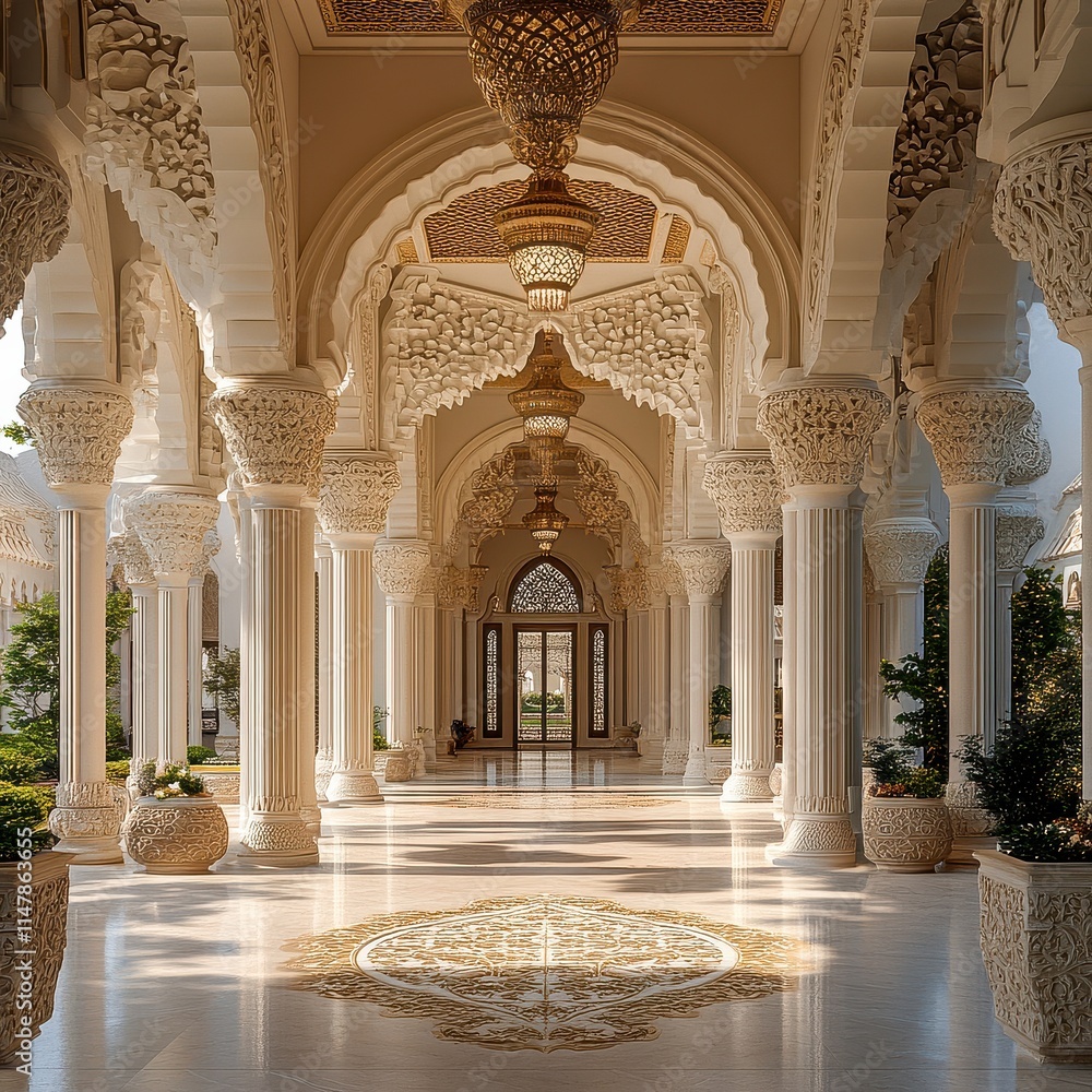 Fototapeta premium Luxurious Mosque Interior with High Ceilings, Arched Doorways, and Marble Flooring