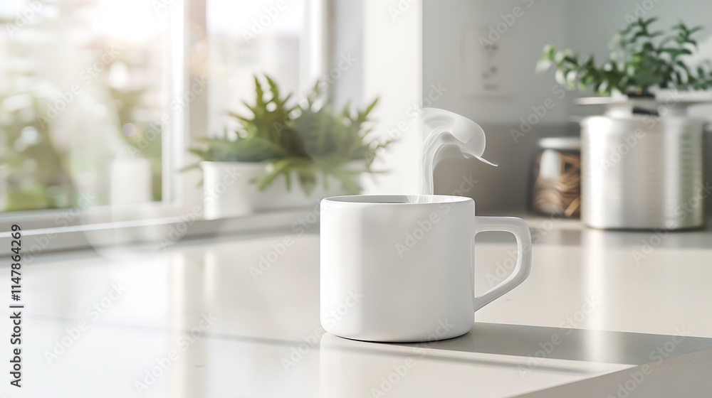 A white ceramic mug with a minimalist design, filled with steaming coffee, placed on a white countertop. A white ceramic mug with a minimalist design, filled with steaming coffee, placed on a white countertop.