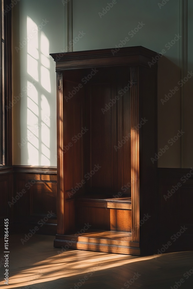 A wooden cabinet with a bench inside. The bench is empty. The room is well lit by the sun A wooden cabinet with a bench inside. The bench is empty. The room is well lit by the sun