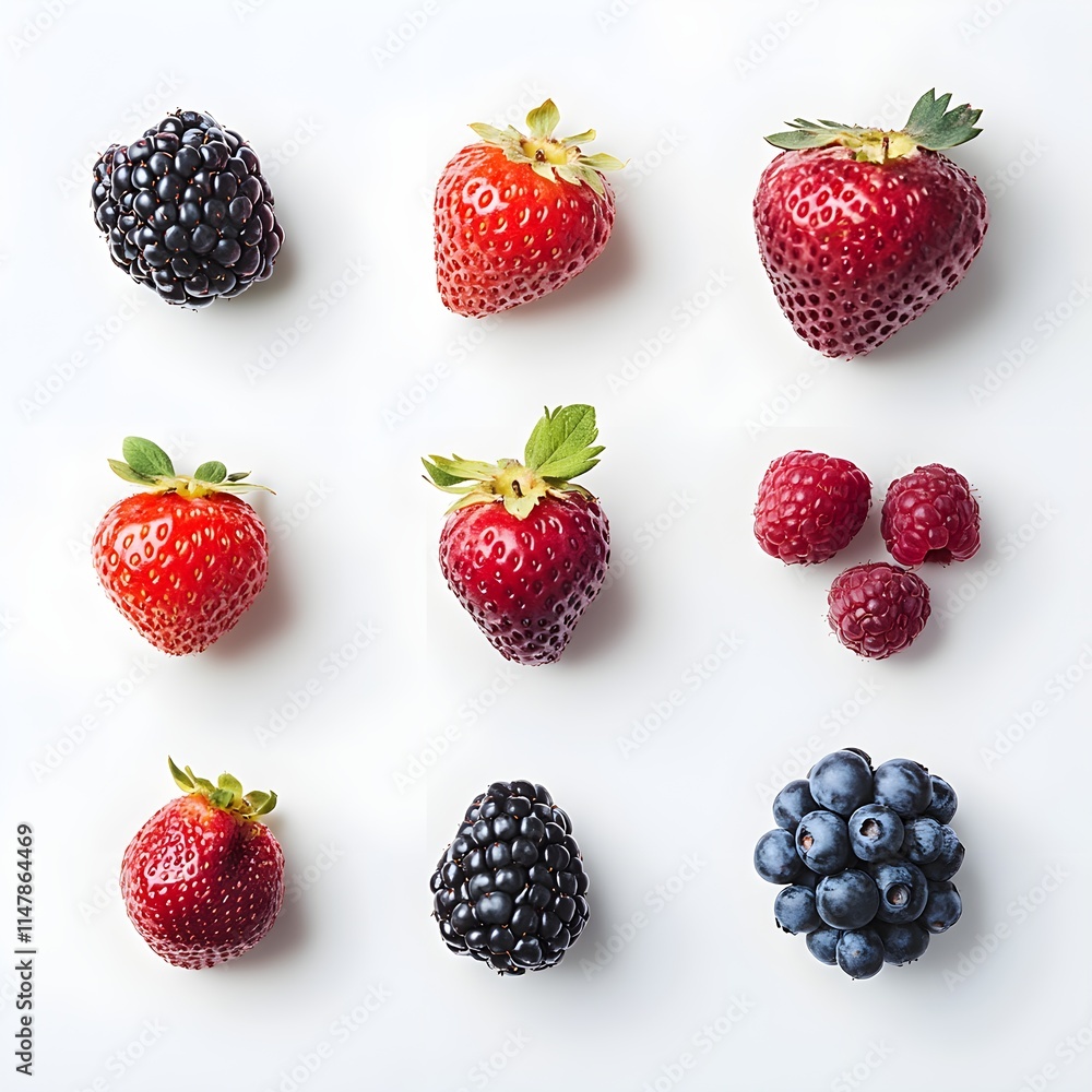 An isolated, realistic photograph of various berries on a white background, taken from the top view. The photo must be captured from the front with very high resolution and without any shadows. An isolated, realistic photograph of various berries on a white background, taken from the top view. The photo must be captured from the front with very high resolution and without any shadows.