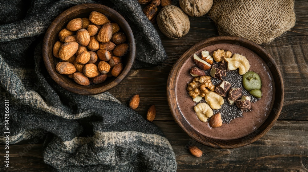 A rustic arrangement of nuts in bowls on a wooden surface, showcasing almonds, walnuts, and a variety of mixed nuts, evoking a cozy, natural vibe. A rustic arrangement of nuts in bowls on a wooden surface, showcasing almonds, walnuts, and a variety of mixed nuts, evoking a cozy, natural vibe.