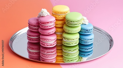 Colorful macarons arranged in a pyramid on a shiny tray, set against a vibrant pink and orange backdrop. photo