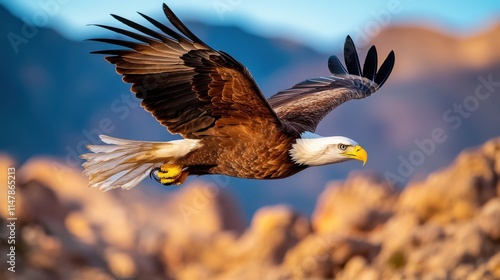 The majestic eagle soared gracefully through the rugged mountain peaks, its sharp eyes scanning the terrain below for any sign of prey
