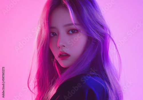 A close-up of the upper body and face of an Asian K-pop idol with purple hair, wearing trendy