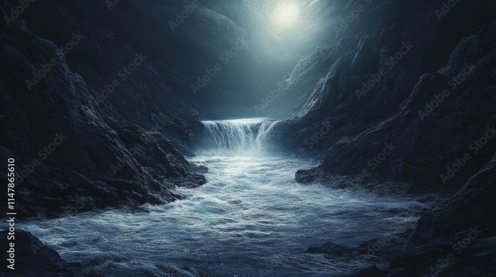 Obraz premium A river with a waterfall in the middle. The water is dark blue. The sky is clear and the moon is visible