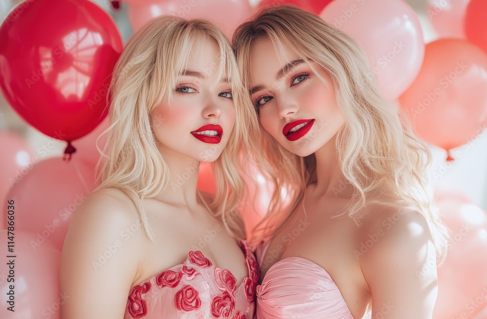 wo beautiful, smiling women with blonde, curly hair wearing pink and red dresses, Valentine's Day balloons in the background