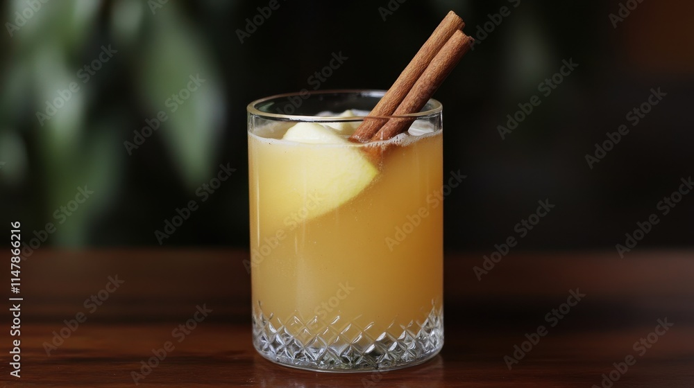 A refreshing cocktail served in a glass, featuring a bright yellow hue, garnished with cinnamon sticks and ice, set against a blurred natural background. A refreshing cocktail served in a glass, featuring a bright yellow hue, garnished with cinnamon sticks and ice, set against a blurred natural background.