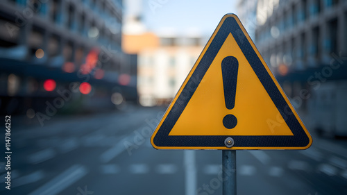 Yellow triangle traffic sign with black exclamation mark symbolizing police warning, clear and sharp with ample copy space for text or design.