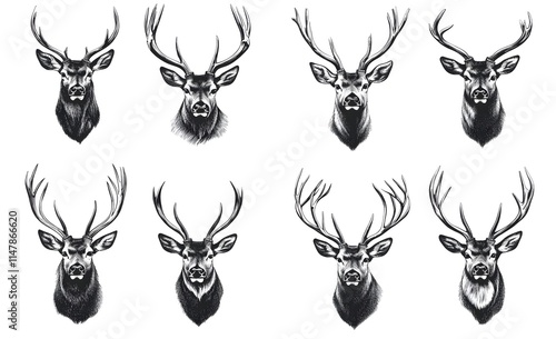 Set of hand-drawn deer and elk head illustrations on a white background, pencil drawings, vector graphics, high detail, professional quality.  photo