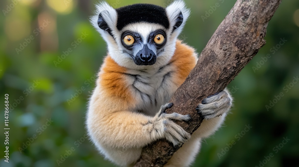 Fototapeta premium The indri lemur, known for its striking black and white fur, sits perched on a sturdy tree branch, its large golden eyes scanning the surrounding forest with an air of curiosity and intelligence