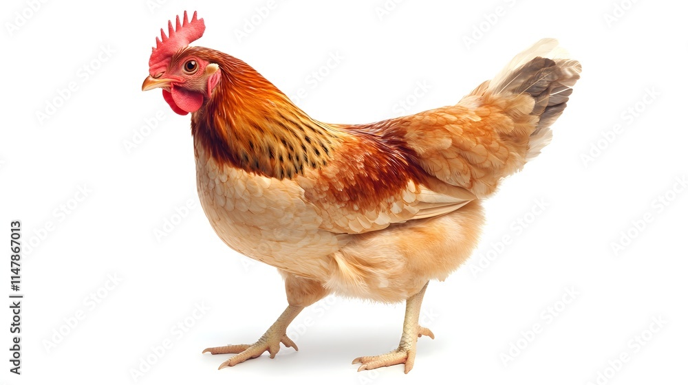 Fototapeta premium A Light Brown Hen Stands Against A White Background