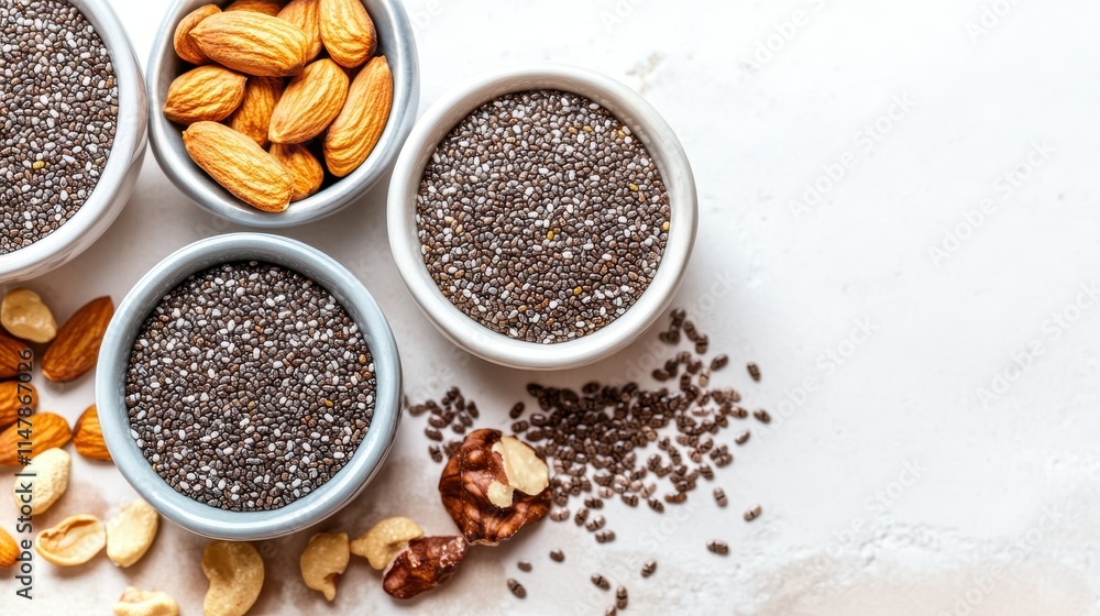 A variety of nuts and seeds displayed in bowls, featuring chia seeds, almonds, and other nuts on a light surface. A variety of nuts and seeds displayed in bowls, featuring chia seeds, almonds, and other nuts on a light surface.