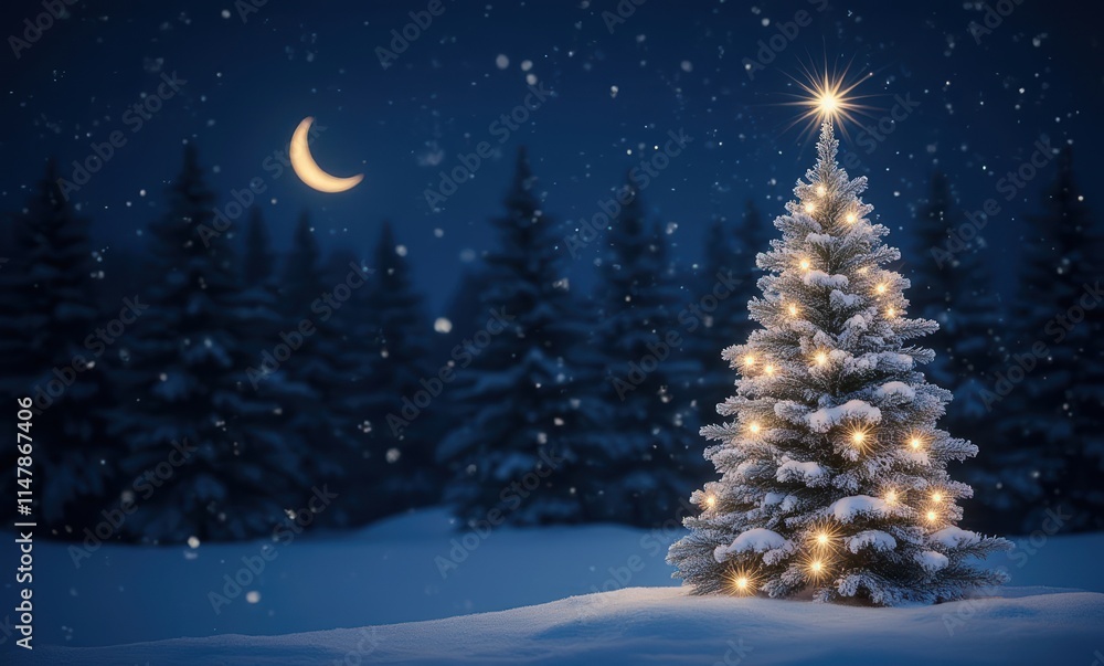 Decorative Christmas tree in snowy landscape Decorative Christmas tree in snowy landscape