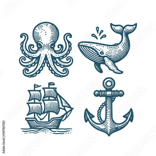 Vintage nautical icon set with octopus, whale, ship, and anchor