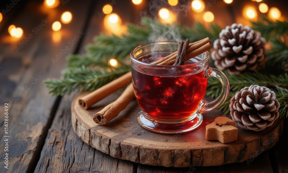 Warm spiced drink with cinnamon and pine cones Warm spiced drink with cinnamon and pine cones
