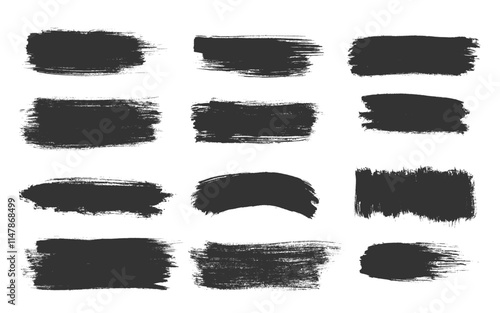 Black brush strokes rectangular elongated forms. Grunge rugged edges coarse textures strong smears. Dynamic paint streaks abstract shapes, textured blotches chaotic details with jagged uneven designs
