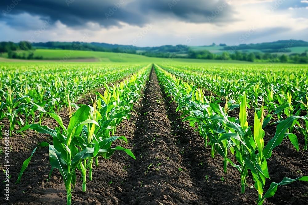 Green corn maize plants on a field. Agricultural landscape Green corn maize plants on a field. Agricultural landscape