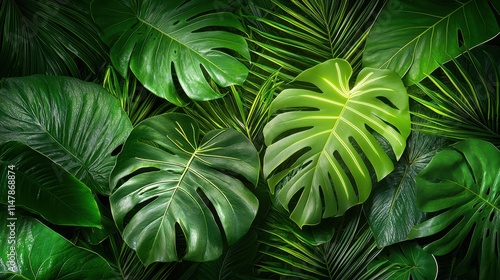 The dark green tropical leaves are bathed in vibrant neon light, creating a stunning backlight effect that highlights the intricate composition of the leaves photo